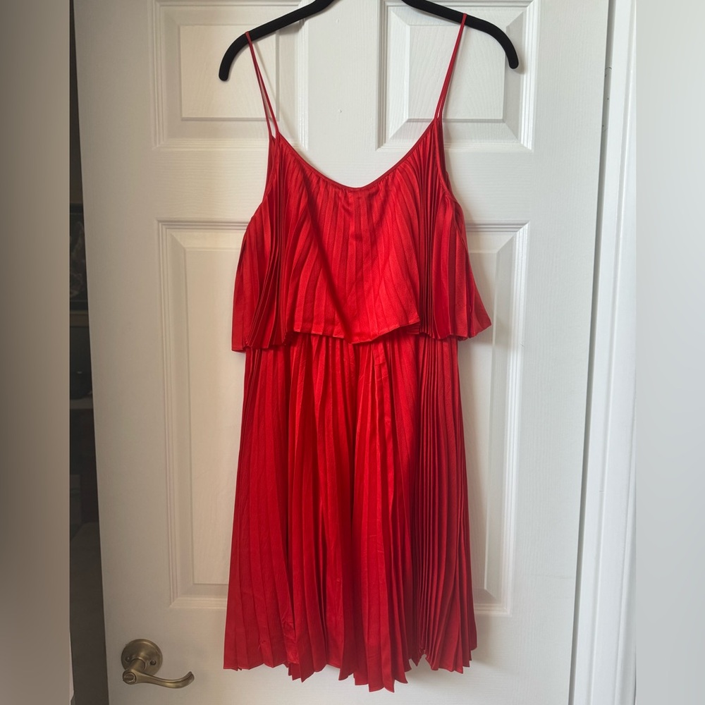 Halston Heritage Pleated Silk Red Swing Dress - Picture 3 of 9